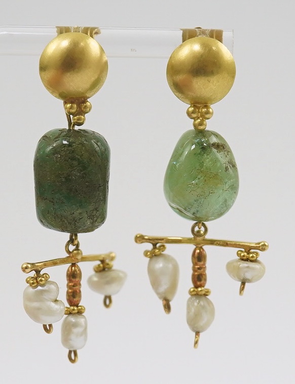 A pair of modern Italian 850 standard gold, jade and pearl set drop earrings, retailed by Massimo Maria Melis, Rome